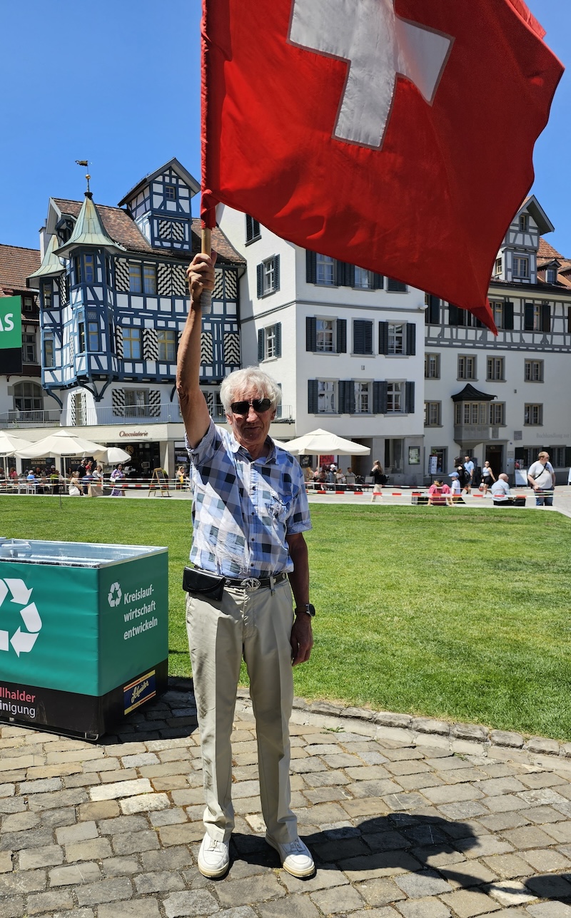 John Waygood with the Swiss flag